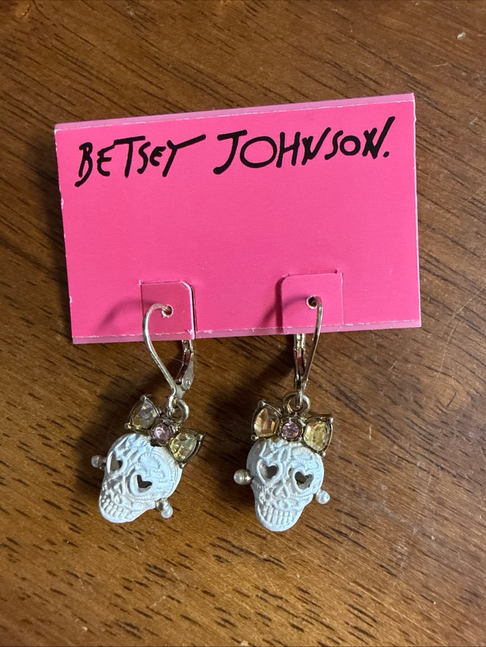 Betsey Johnson White Skull Drop Earrings with Pink & Yellow Gem Accents
